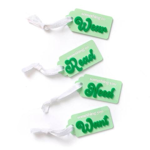 WEAR, WANT, NEED, READ Tags - Greens