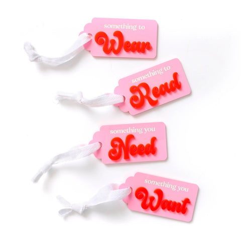 WEAR, WANT, NEED, READ Tags - Pink/Red